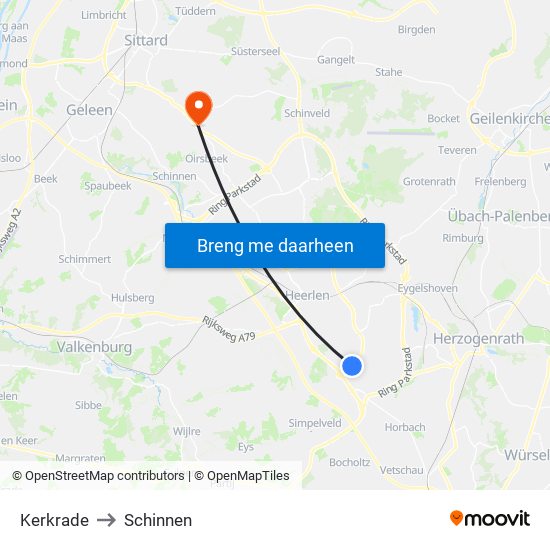 Kerkrade to Schinnen map