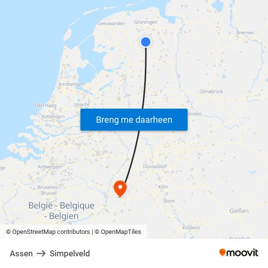 Assen to Simpelveld map