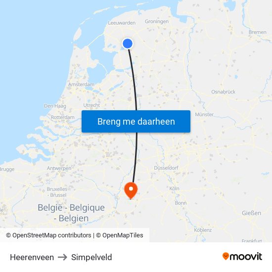 Heerenveen to Simpelveld map