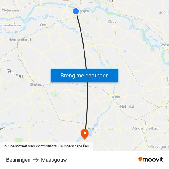 Beuningen to Maasgouw map