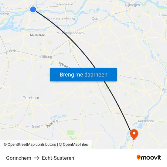 Gorinchem to Echt-Susteren map