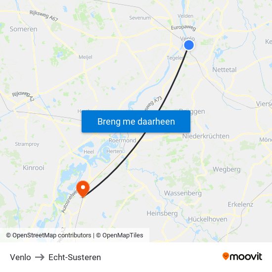 Venlo to Echt-Susteren map