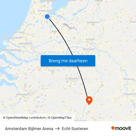 Amsterdam Bijlmer Arena to Echt-Susteren map