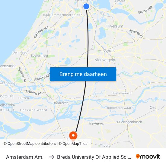 Amsterdam Amstel to Breda University Of Applied Sciences map