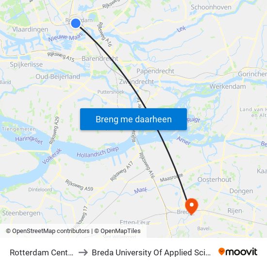 Rotterdam Centraal to Breda University Of Applied Sciences map