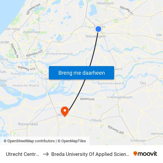 Utrecht Centraal to Breda University Of Applied Sciences map