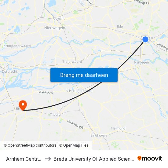 Arnhem Centraal to Breda University Of Applied Sciences map