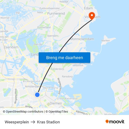 Weesperplein to Kras Stadion map