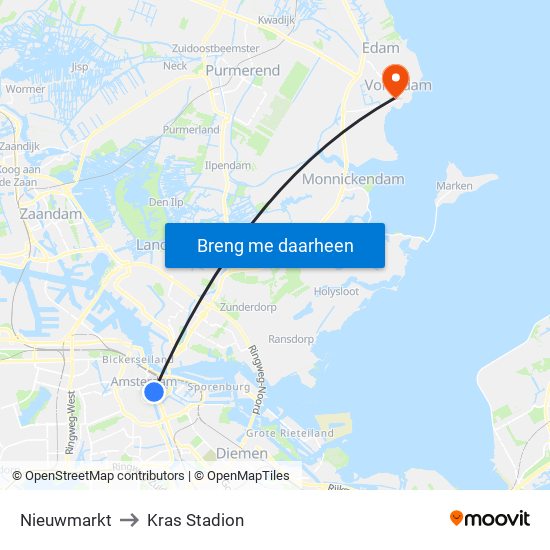 Nieuwmarkt to Kras Stadion map