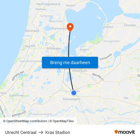 Utrecht Centraal to Kras Stadion map
