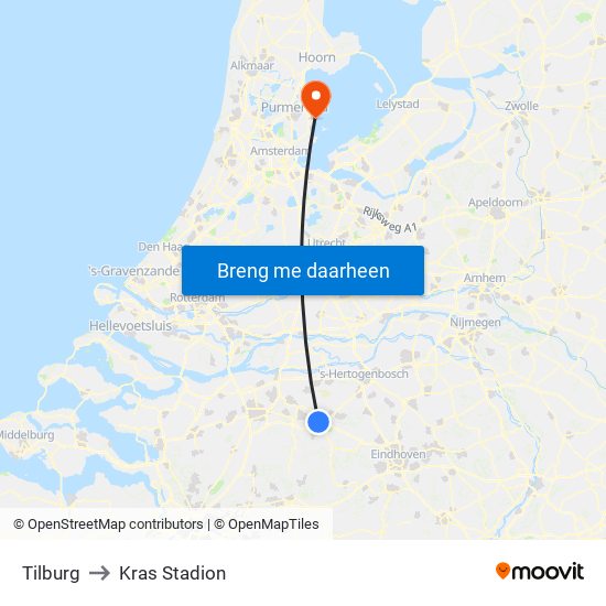 Tilburg to Kras Stadion map