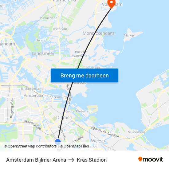 Amsterdam Bijlmer Arena to Kras Stadion map