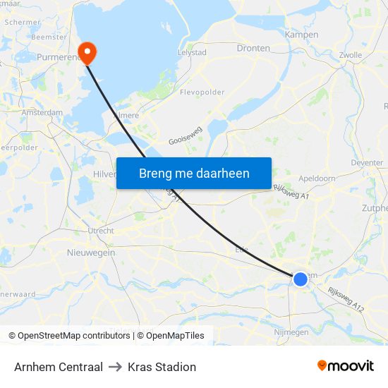 Arnhem Centraal to Kras Stadion map