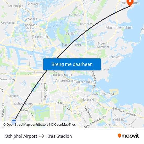 Schiphol Airport to Kras Stadion map