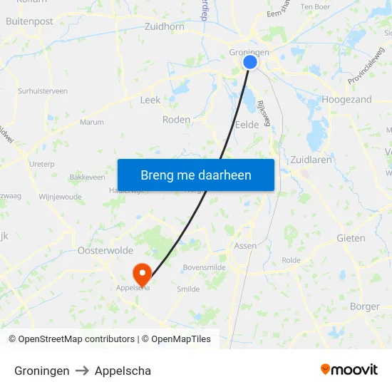 Groningen to Appelscha map