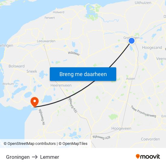 Groningen to Lemmer map