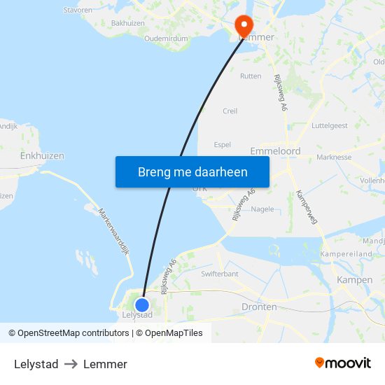 Lelystad to Lemmer map