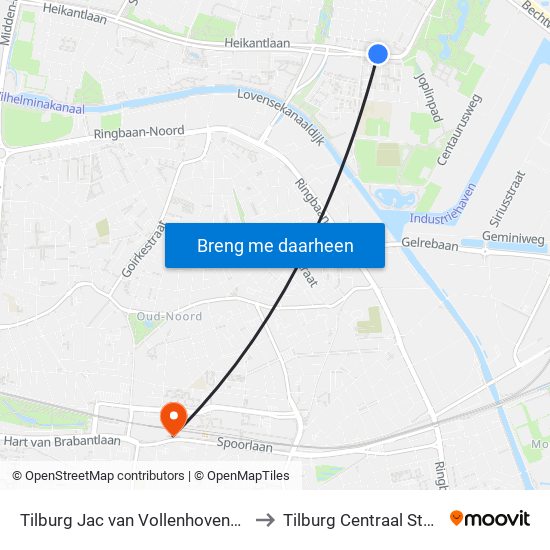Tilburg Jac van Vollenhovenstraat to Tilburg Centraal Station map