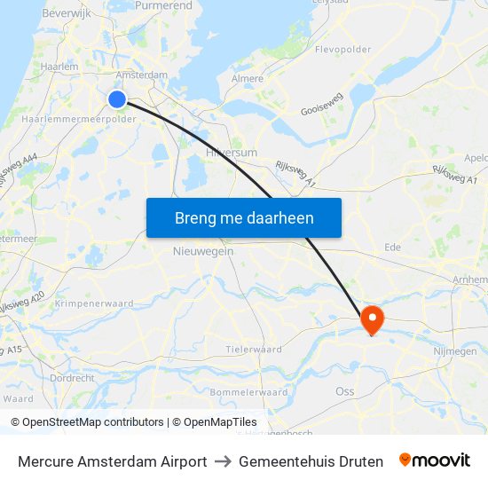 Mercure Amsterdam Airport to Gemeentehuis Druten map