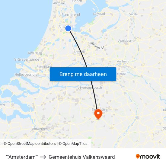 ""Amsterdam"" to Gemeentehuis Valkenswaard map