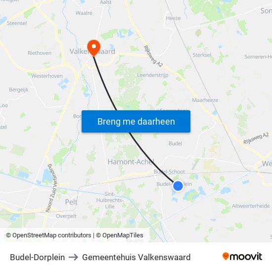 Budel-Dorplein to Gemeentehuis Valkenswaard map