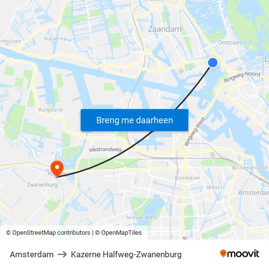 Amsterdam to Kazerne Halfweg-Zwanenburg map