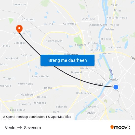 Venlo to Sevenum map