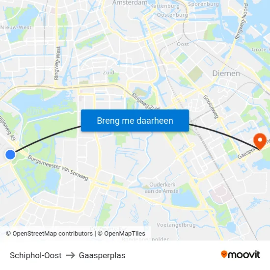 Schiphol-Oost to Gaasperplas map