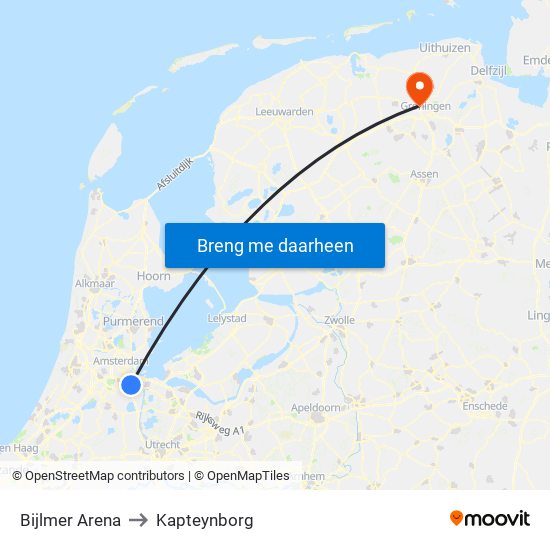 Bijlmer Arena to Kapteynborg map