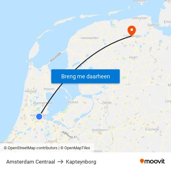 Amsterdam Centraal to Kapteynborg map
