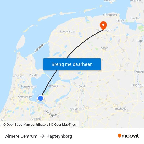 Almere Centrum to Kapteynborg map