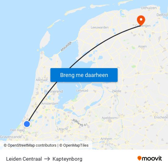 Leiden Centraal to Kapteynborg map