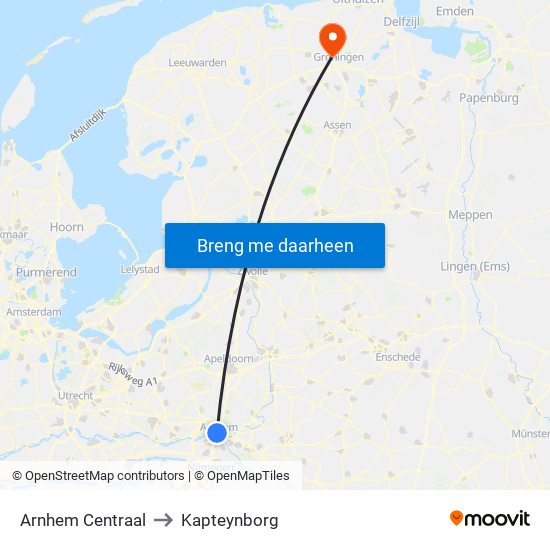 Arnhem Centraal to Kapteynborg map