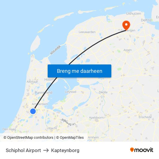 Schiphol Airport to Kapteynborg map