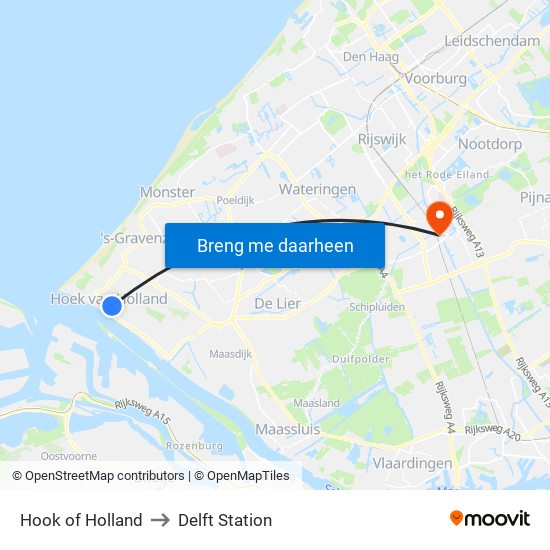 Hook of Holland to Delft Station map