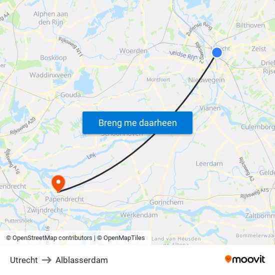 Utrecht to Alblasserdam map