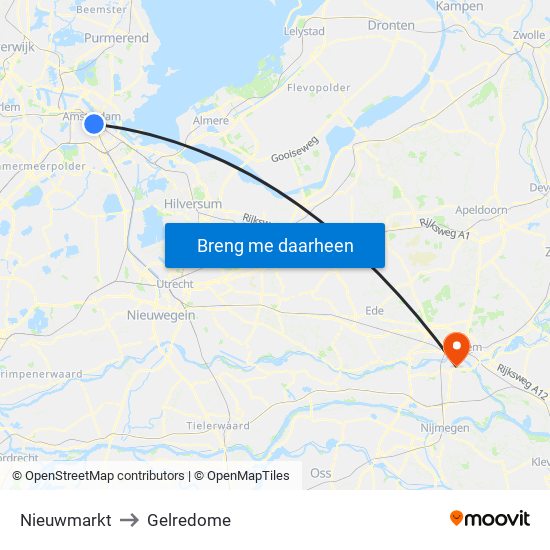 Nieuwmarkt to Gelredome map