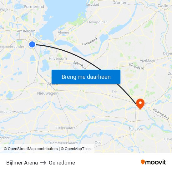 Bijlmer Arena to Gelredome map