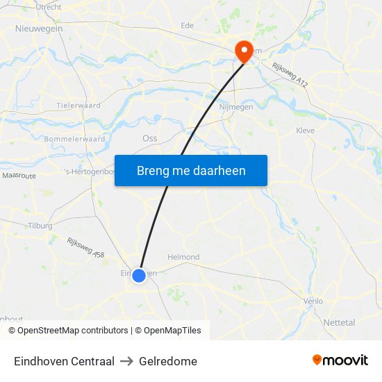 Eindhoven Centraal to Gelredome map