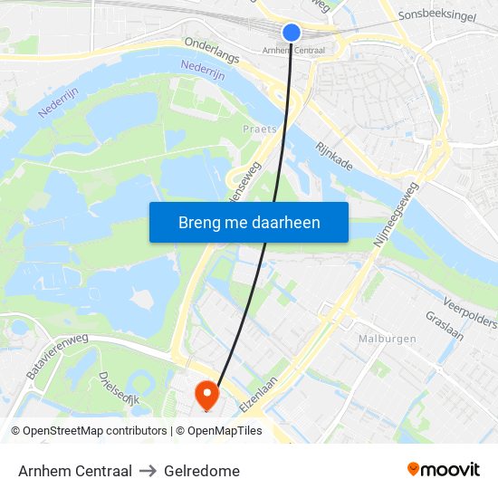 Arnhem Centraal to Gelredome map