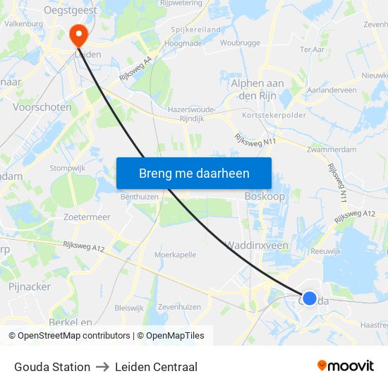 Gouda Station to Leiden Centraal map
