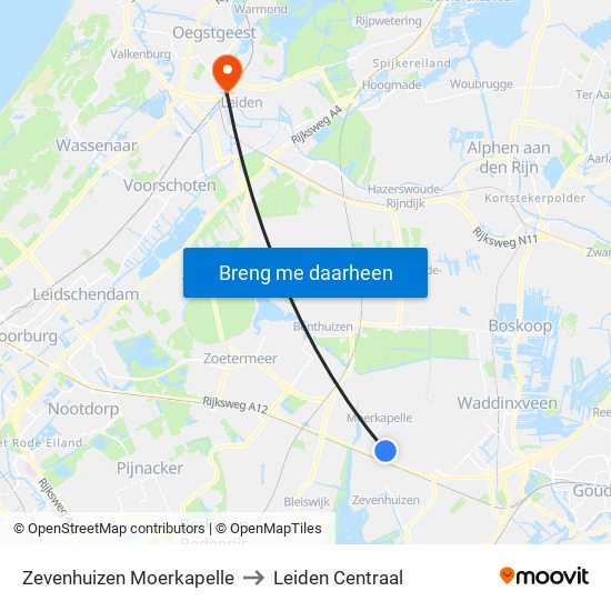 Zevenhuizen Moerkapelle to Leiden Centraal map