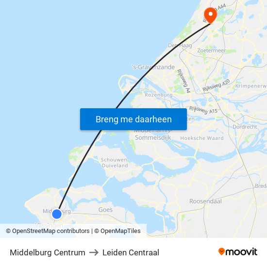 Middelburg Centrum to Leiden Centraal map
