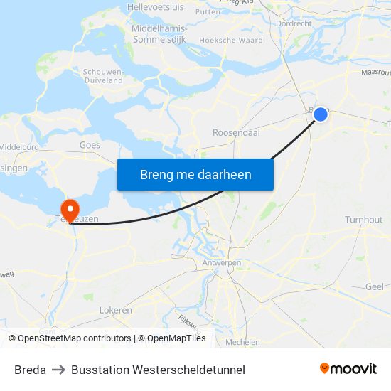 Breda to Busstation Westerscheldetunnel map