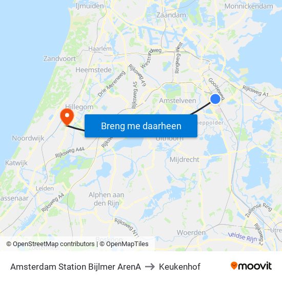 Amsterdam Station Bijlmer ArenA to Keukenhof map