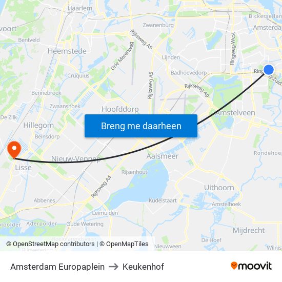 Amsterdam Europaplein to Keukenhof map