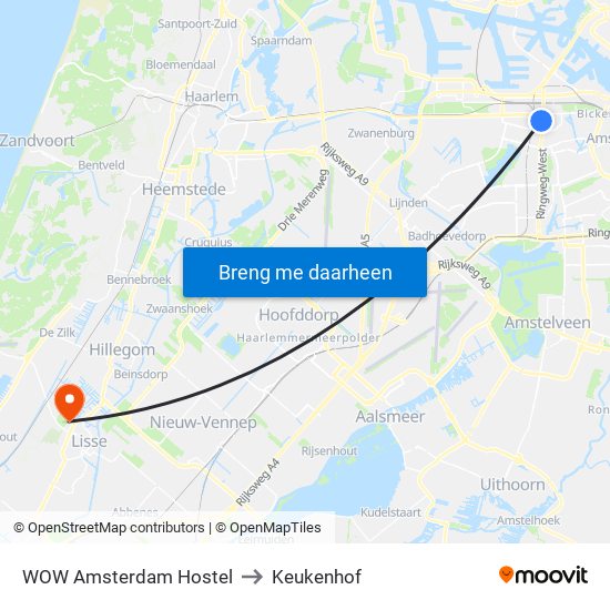 WOW Amsterdam Hostel to Keukenhof map