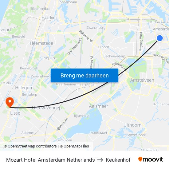 Mozart Hotel Amsterdam Netherlands to Keukenhof map