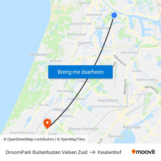 DroomPark Buitenhuizen Velsen Zuid to Keukenhof map