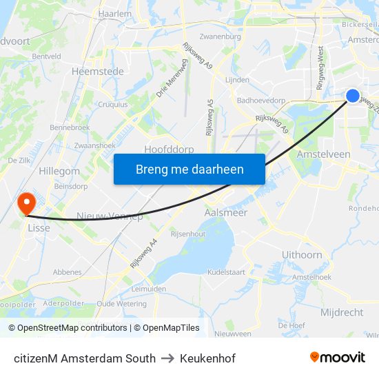 citizenM Amsterdam South to Keukenhof map